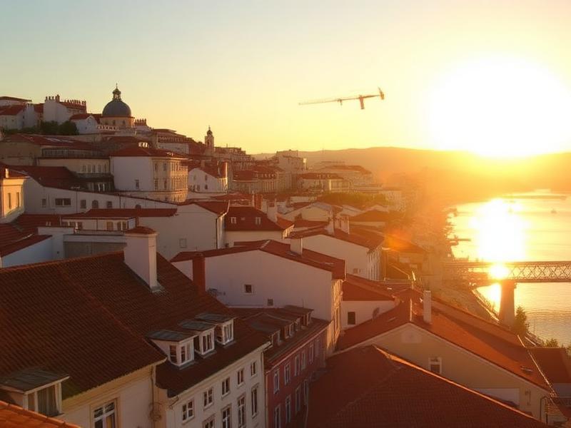 City rooftops beside a river at sunset